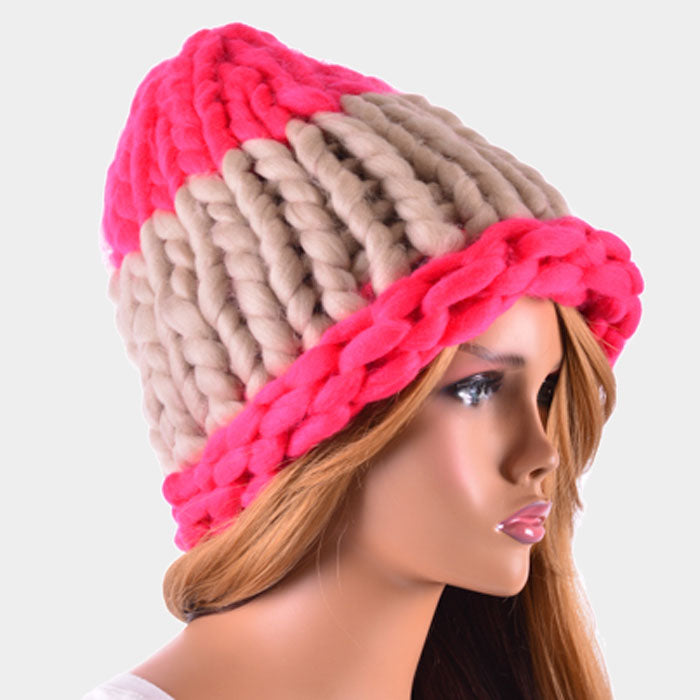 HATEGORY Color Block Big Loop Yarn Knit Beanie Hat