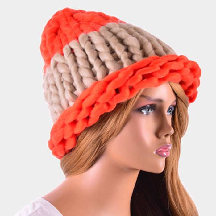 HATEGORY Color Block Big Loop Yarn Knit Beanie Hat