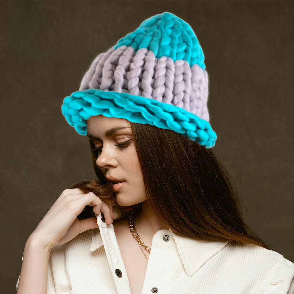 HATEGORY Color Block Big Loop Yarn Knit Beanie Hat