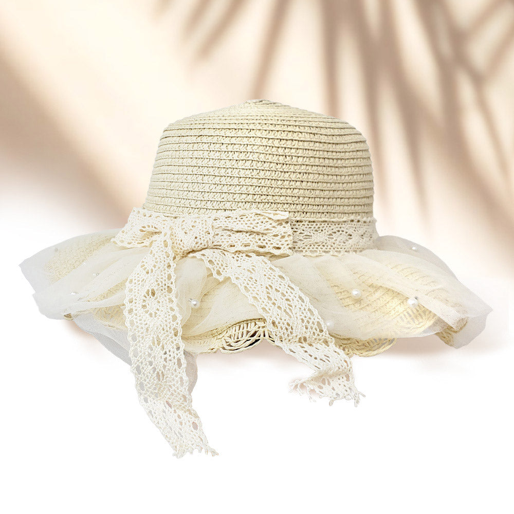 HATEGORY 2PCS - Pearl Embellished Straw Kids Sun Hat Crossbody Bag Set
