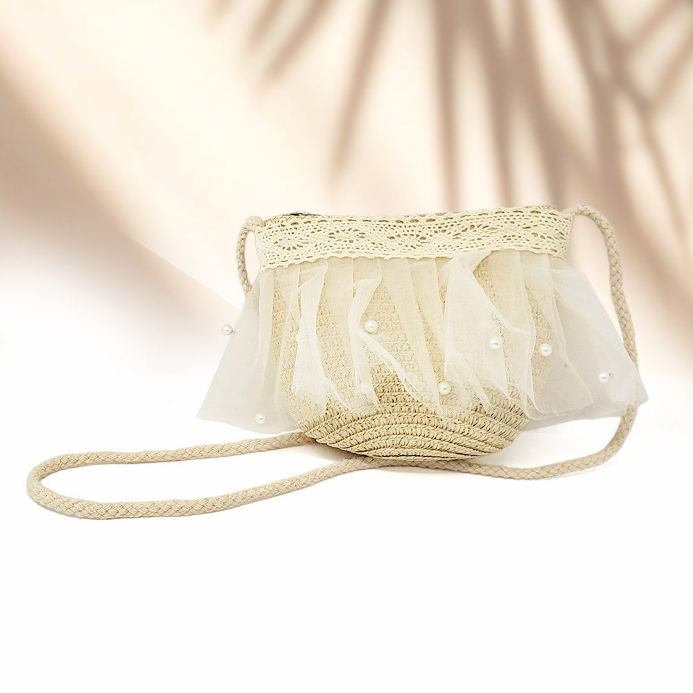 HATEGORY 2PCS - Pearl Embellished Straw Kids Sun Hat Crossbody Bag Set