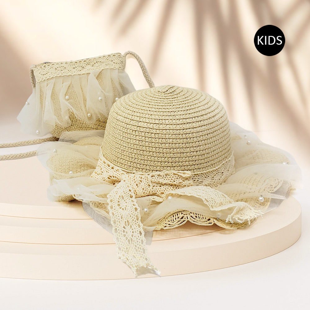 HATEGORY 2PCS - Pearl Embellished Straw Kids Sun Hat Crossbody Bag Set
