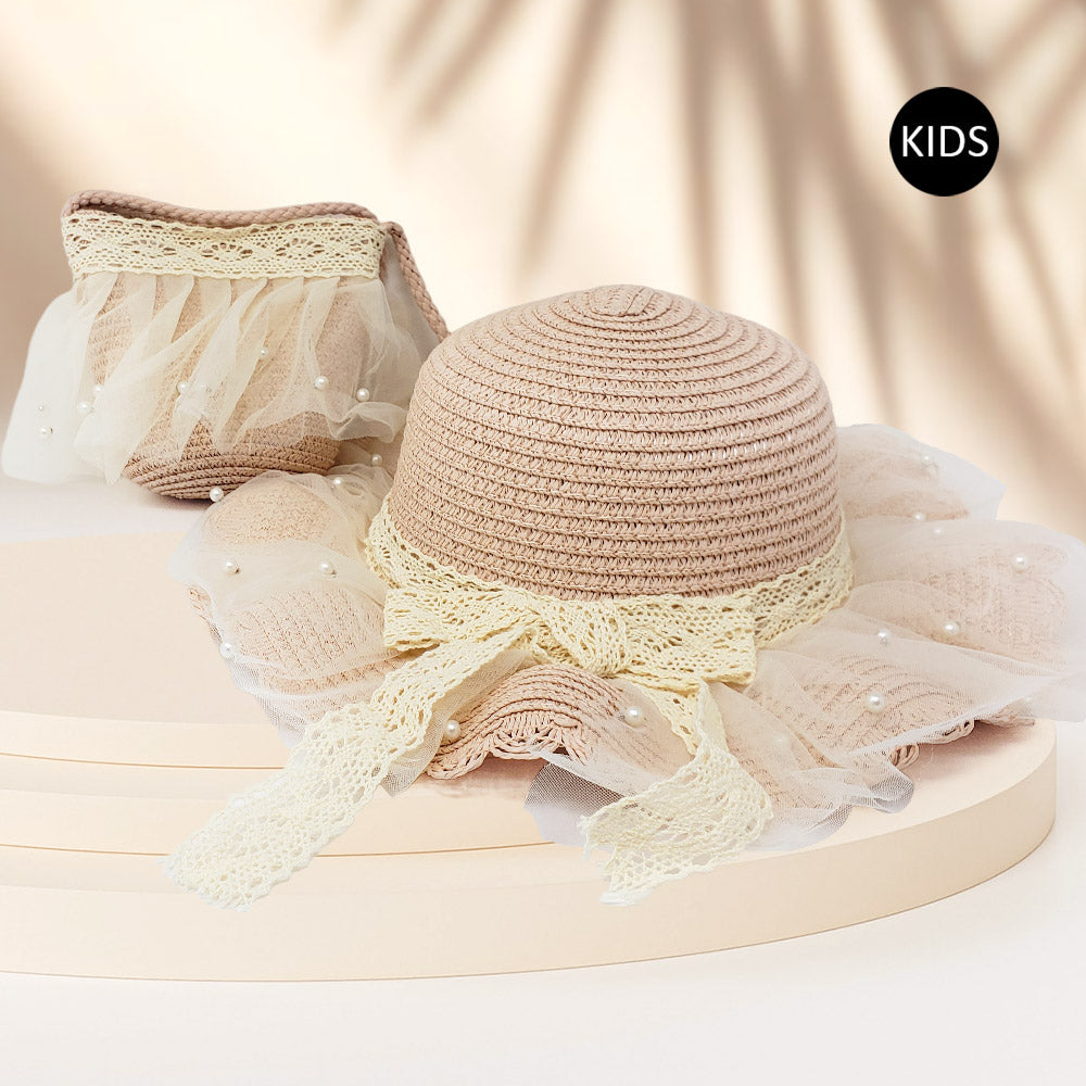 HATEGORY 2PCS - Pearl Embellished Straw Kids Sun Hat Crossbody Bag Set