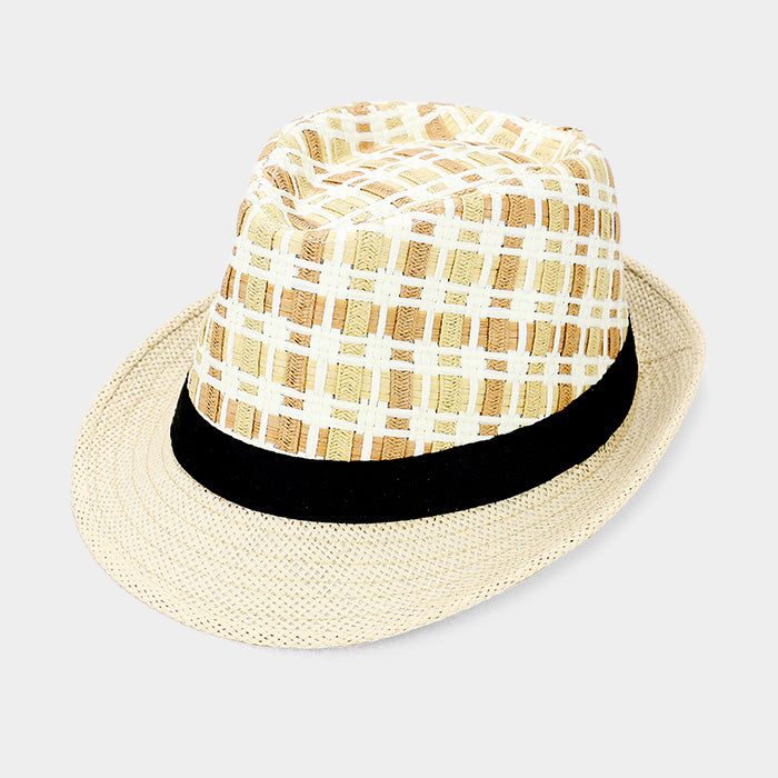 HATEGORY Plaid Check Straw Fedora Hat