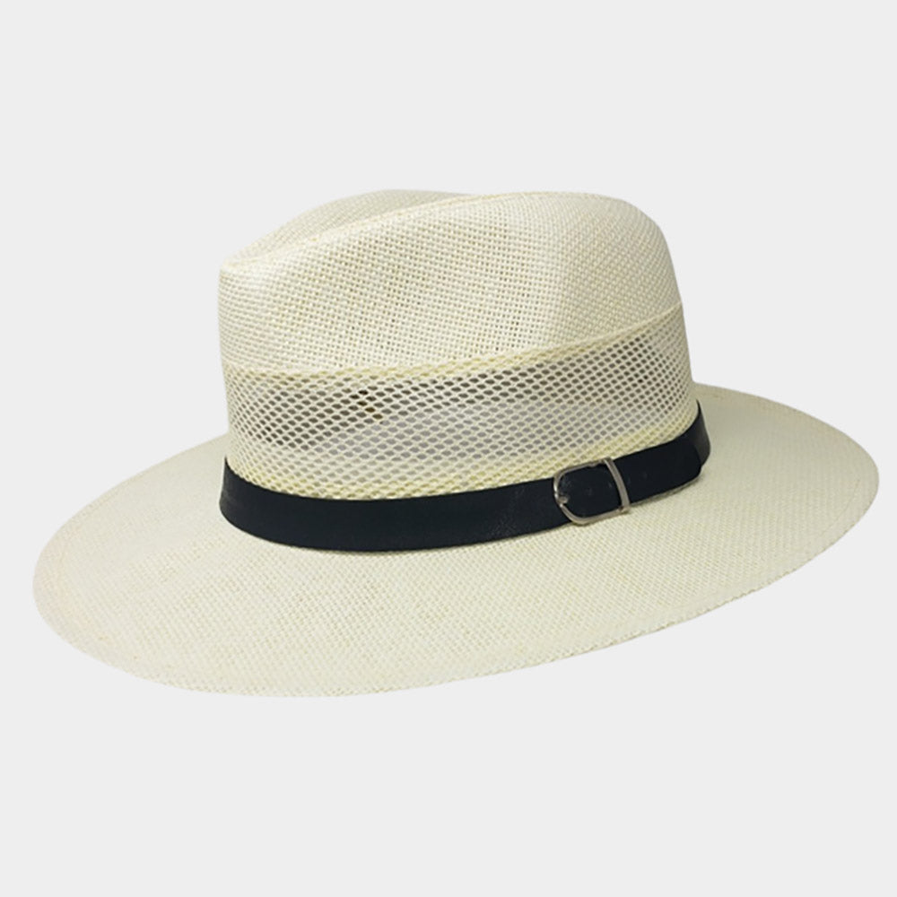 HATEGORY Buckle Faux Leather Band Accented Cut Out Panama Sun Hat
