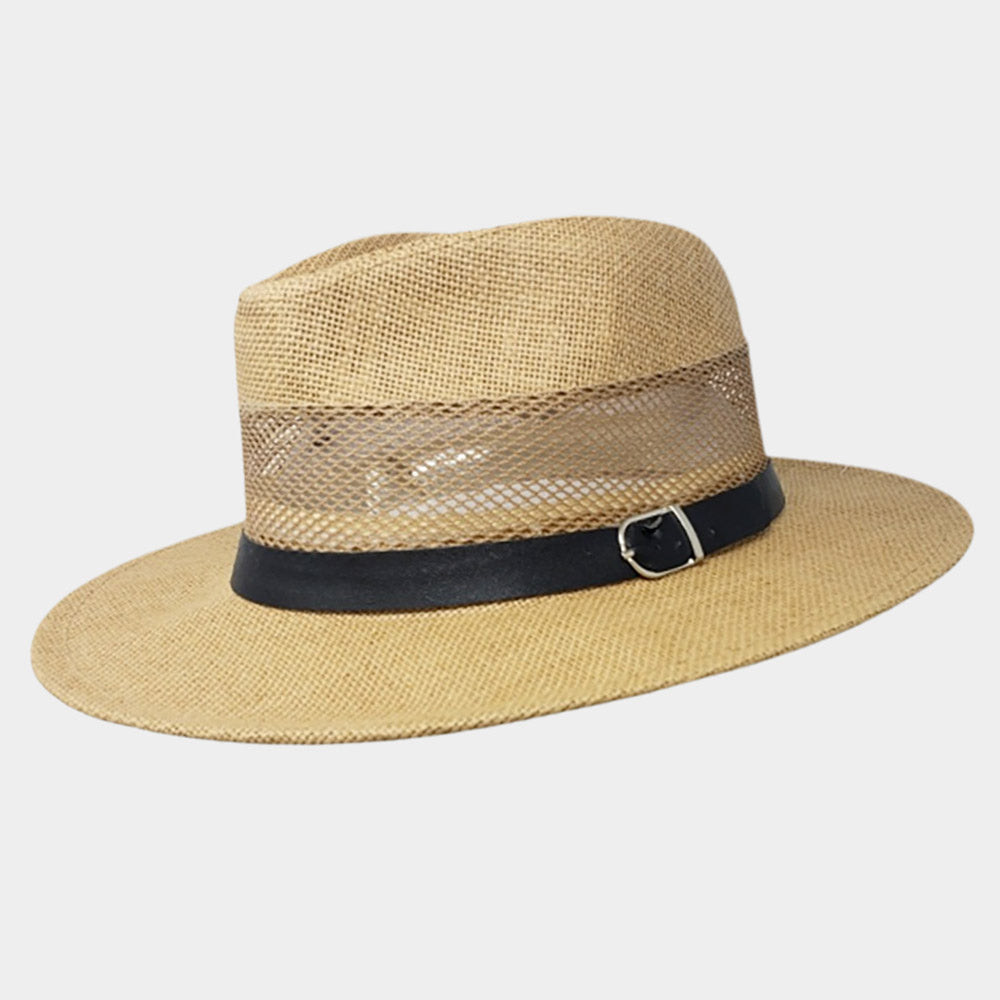 HATEGORY Buckle Faux Leather Band Accented Cut Out Panama Sun Hat