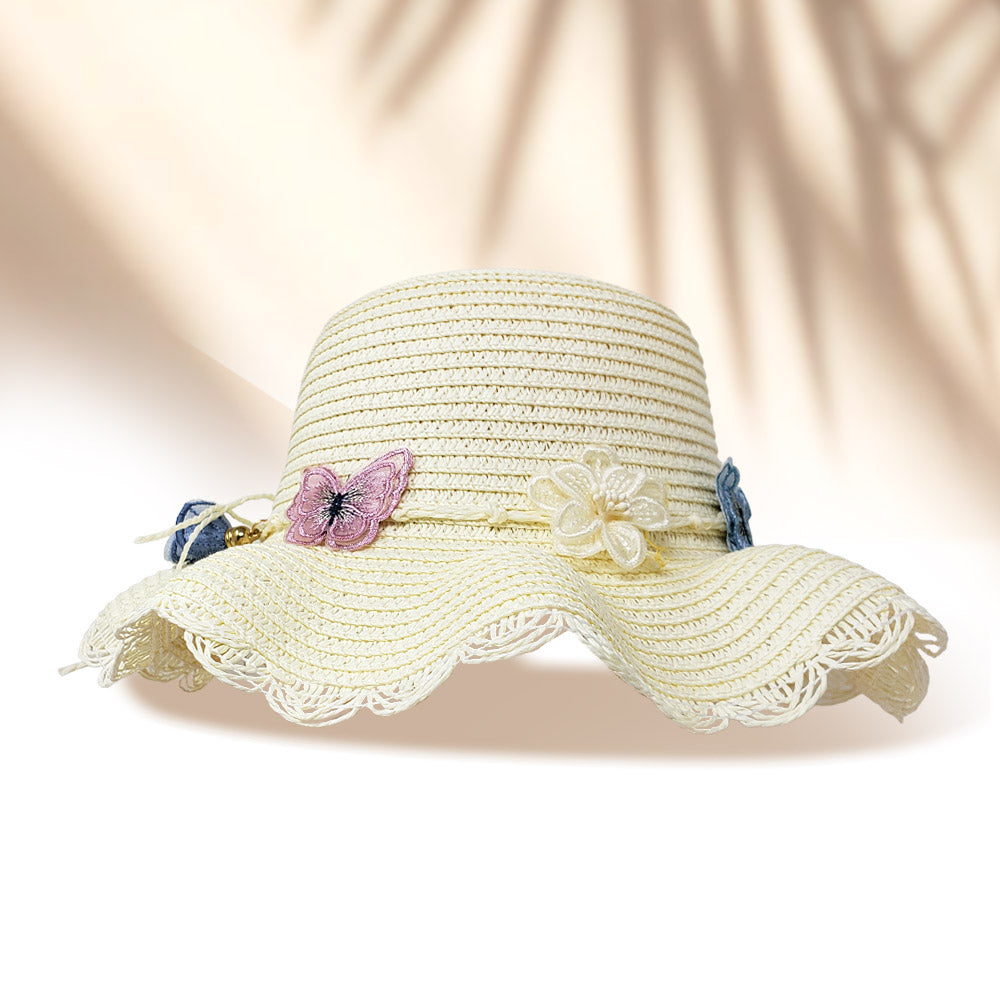 HATEGORY 2PCS - Butterfly Pearl Accented Straw Kids Sun Hat Crossbody Bag Set
