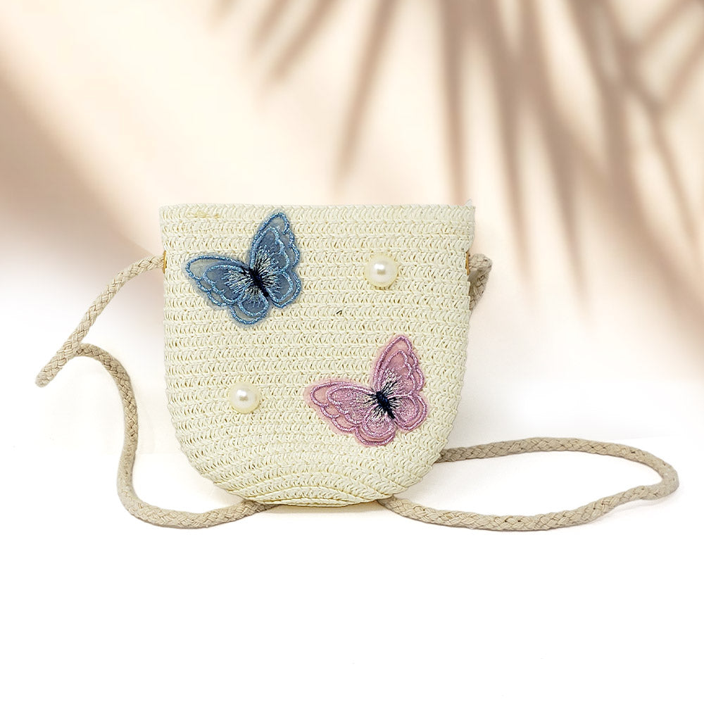 HATEGORY 2PCS - Butterfly Pearl Accented Straw Kids Sun Hat Crossbody Bag Set