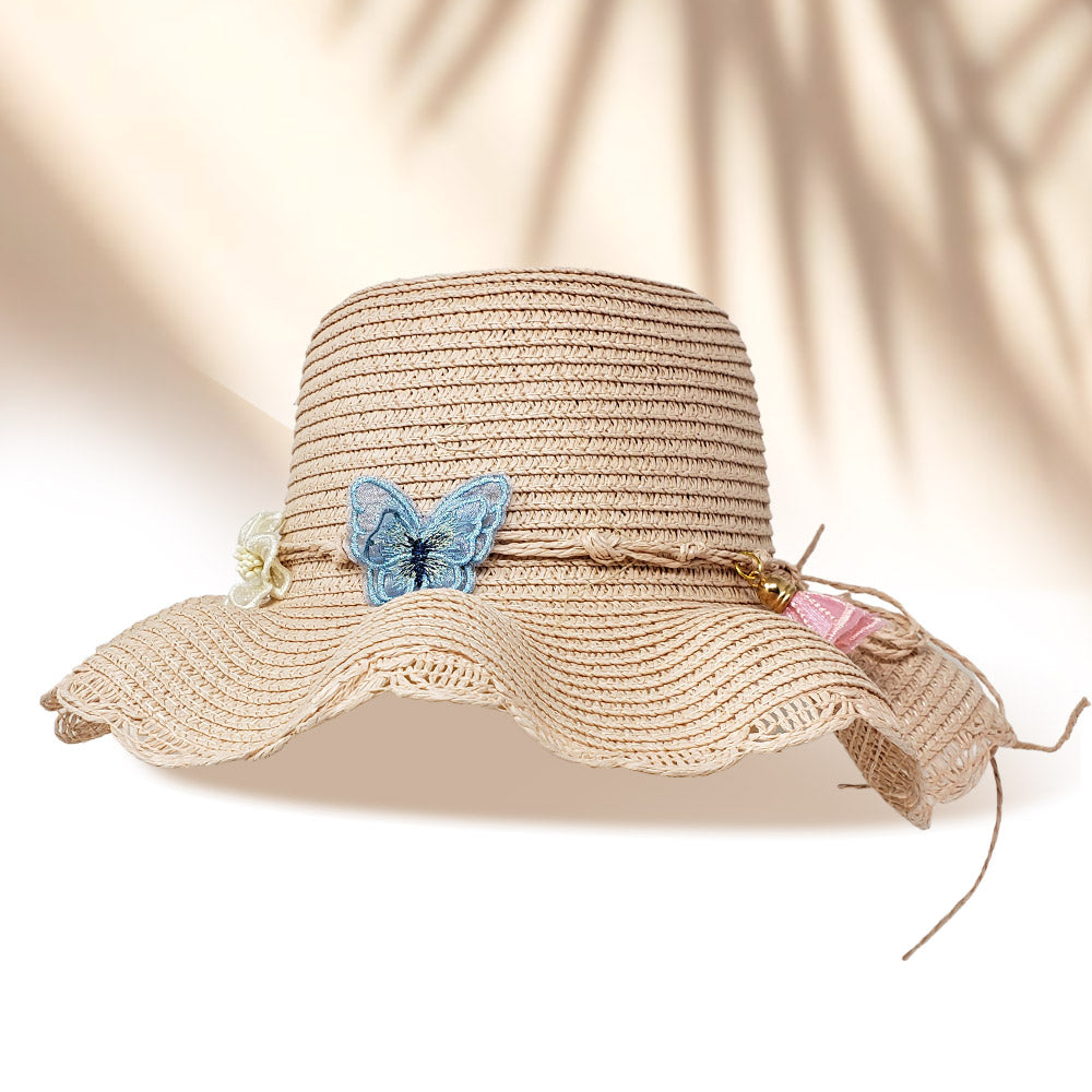 HATEGORY 2PCS - Butterfly Pearl Accented Straw Kids Sun Hat Crossbody Bag Set