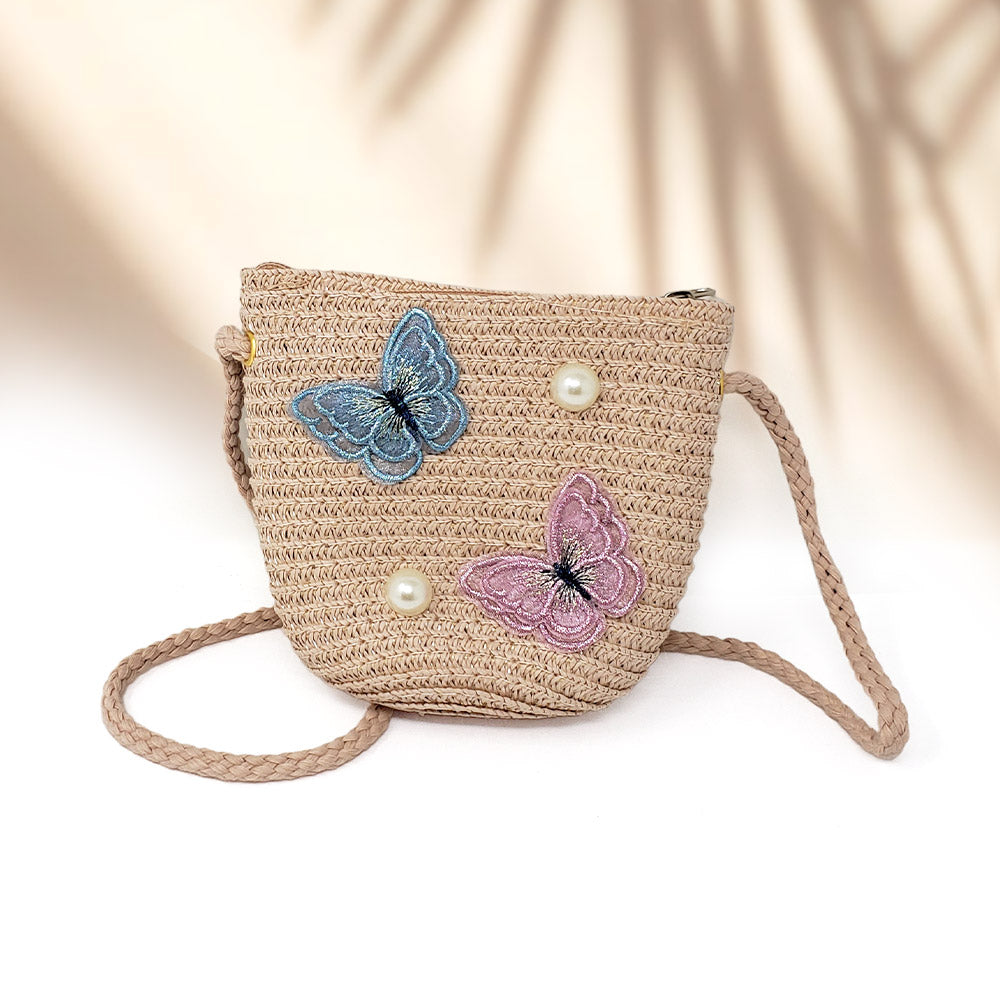 HATEGORY 2PCS - Butterfly Pearl Accented Straw Kids Sun Hat Crossbody Bag Set
