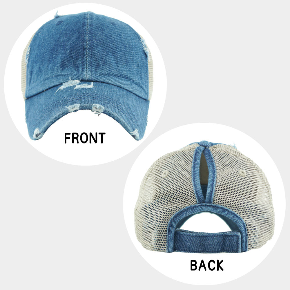 HATEGORY Vintage Denim Mesh Back Ponytail Baseball Cap