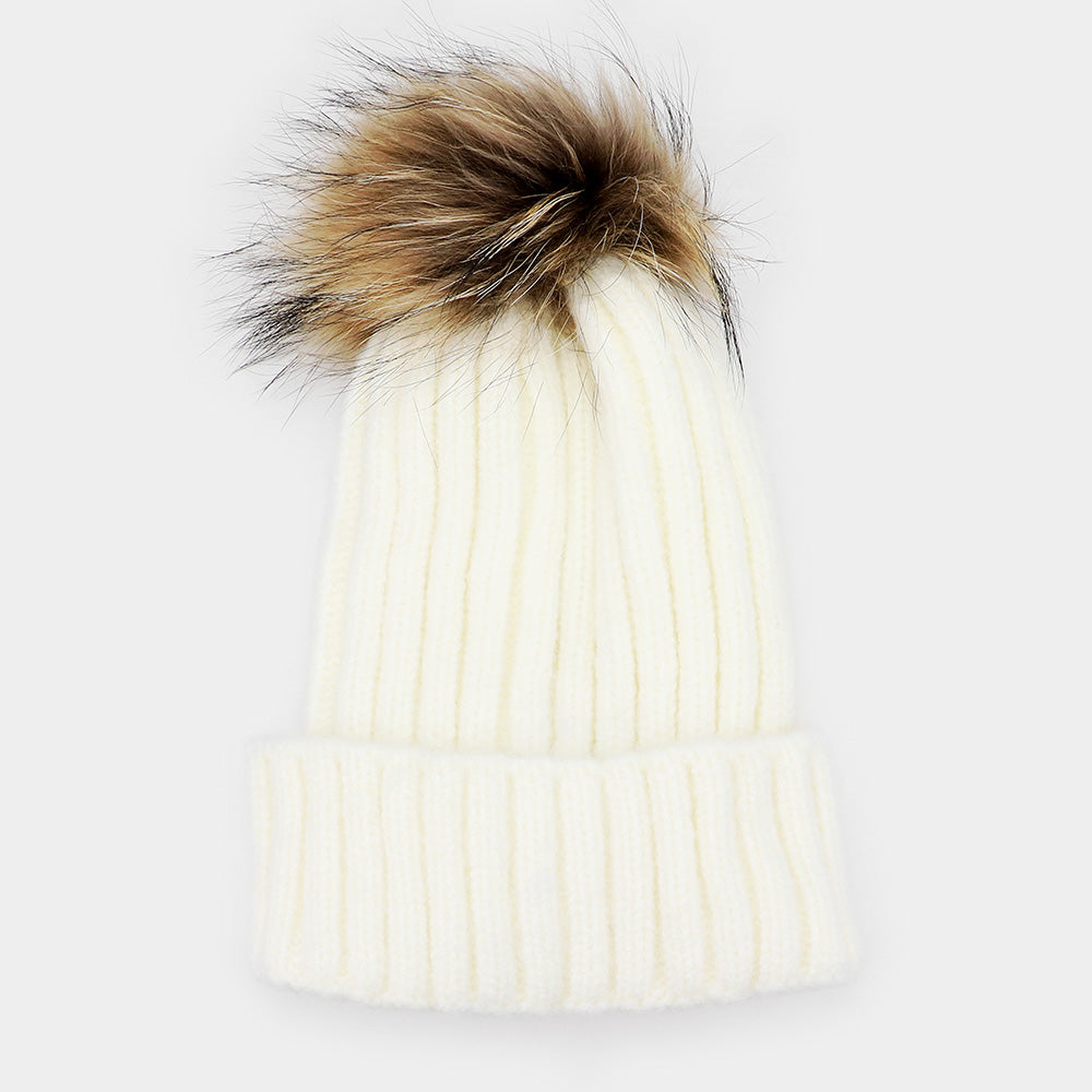 HATEGORY Raccoon Fur Pom Pom Beanie Hat