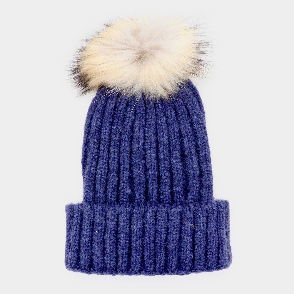 HATEGORY Raccoon Fur Pom Pom Beanie Hat