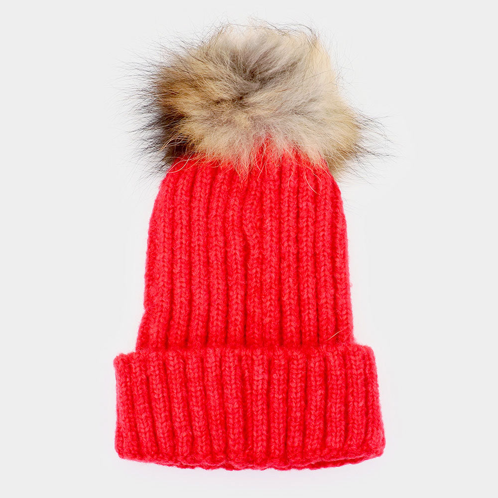 HATEGORY Raccoon Fur Pom Pom Beanie Hat