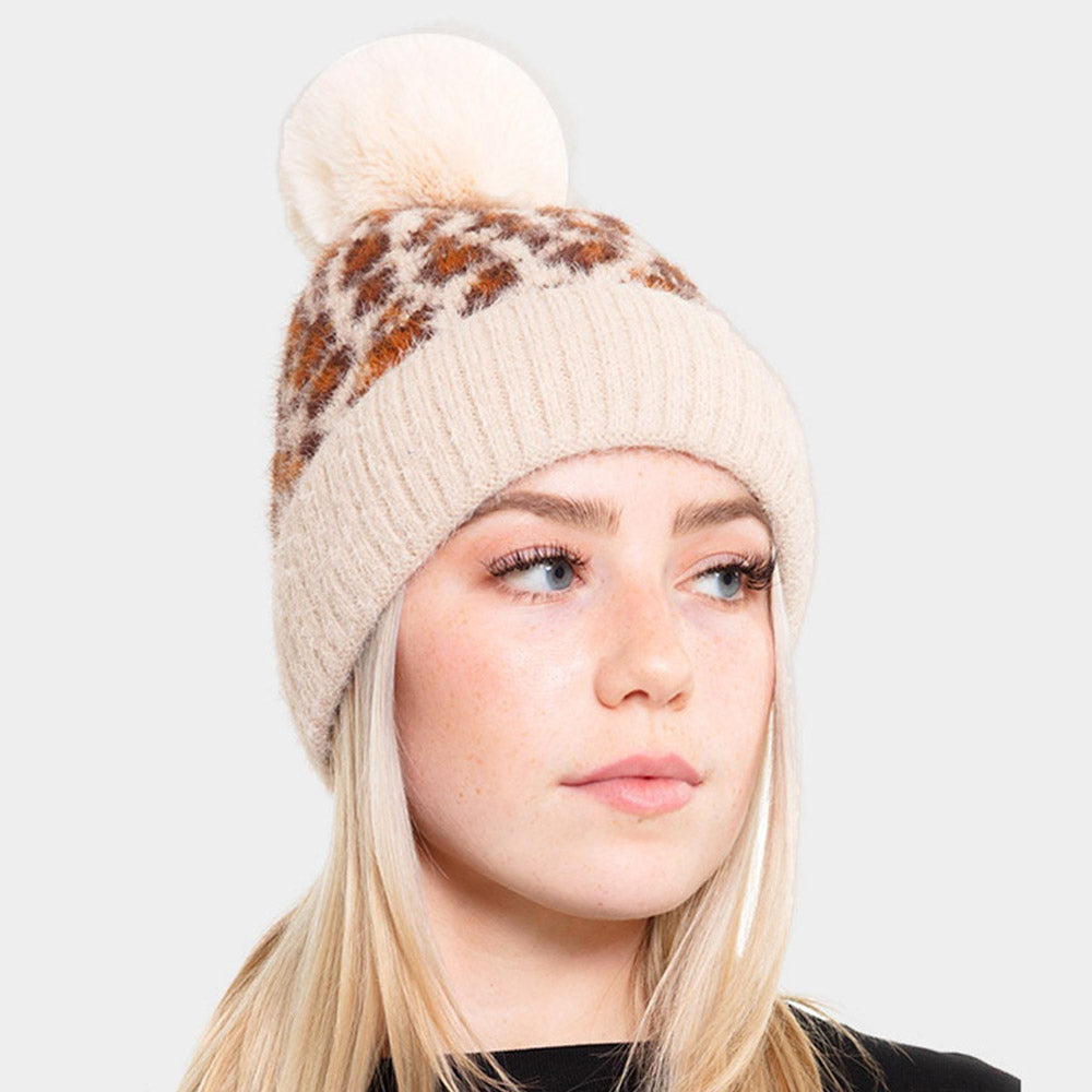 HATEGORY Leopard Patterned Fuzzy Fleece Pom Pom Beanie Hat