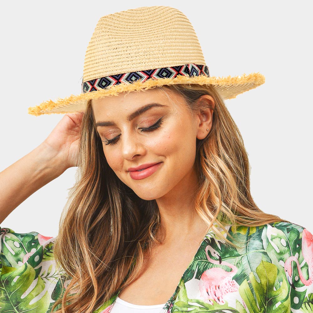 HATEGORY Frayed Trim Aztec Straw Hat