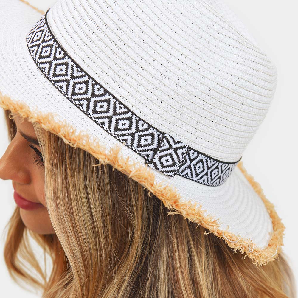 HATEGORY Frayed Trim Aztec Straw Hat