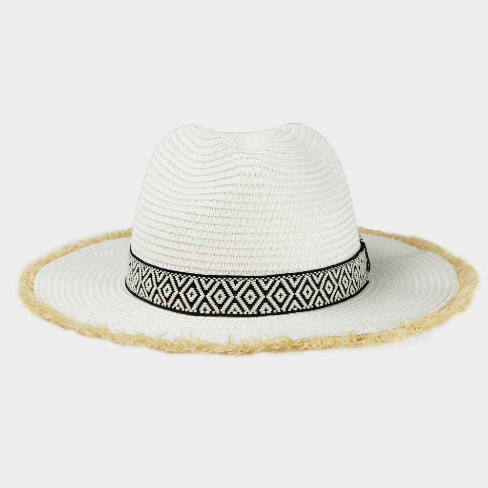 HATEGORY Frayed Trim Aztec Straw Hat