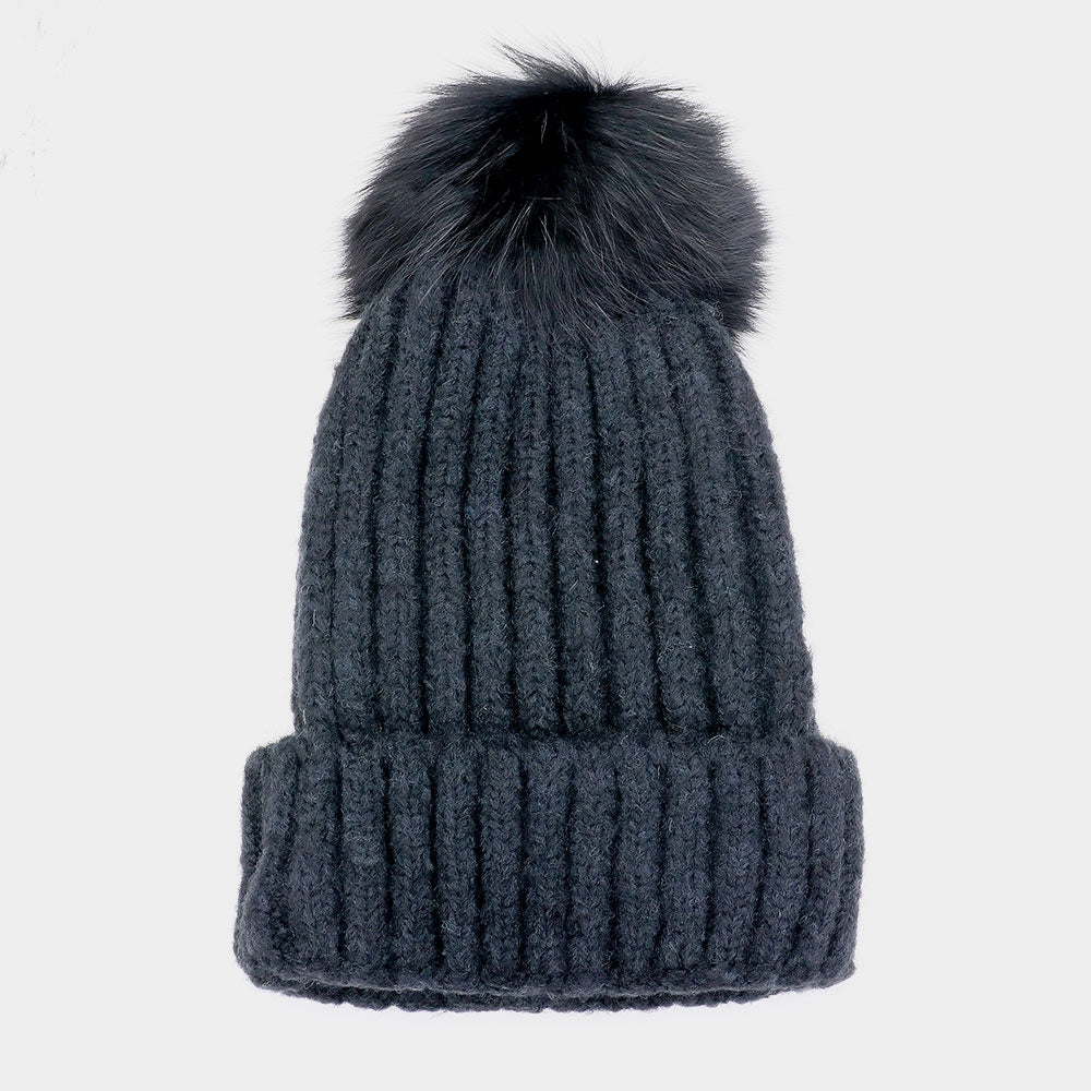 HATEGORY Fox Fur Pom Pom Beanie Hat