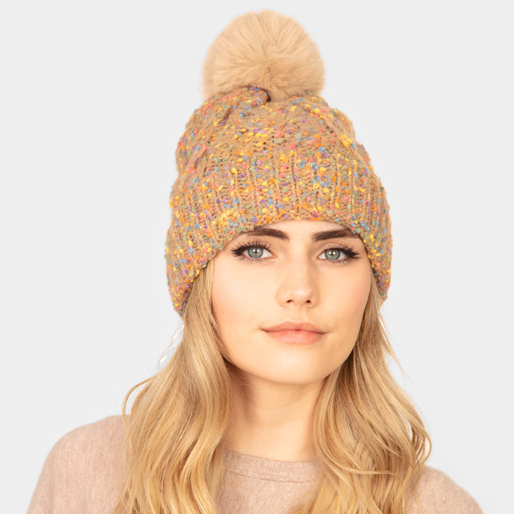 HATEGORY Confetti Cable Knit Pom Pom Beanie Hat