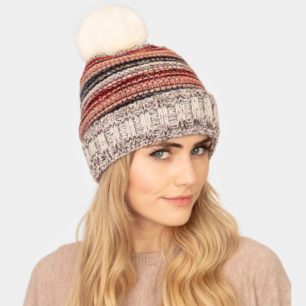 HATEGORY Multi Colored Striped Fleece Pom Pom Beanie Hat