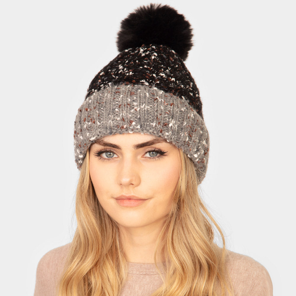 HATEGORY Two Tone Confetti Fleece Pom Pom Beanie Hat