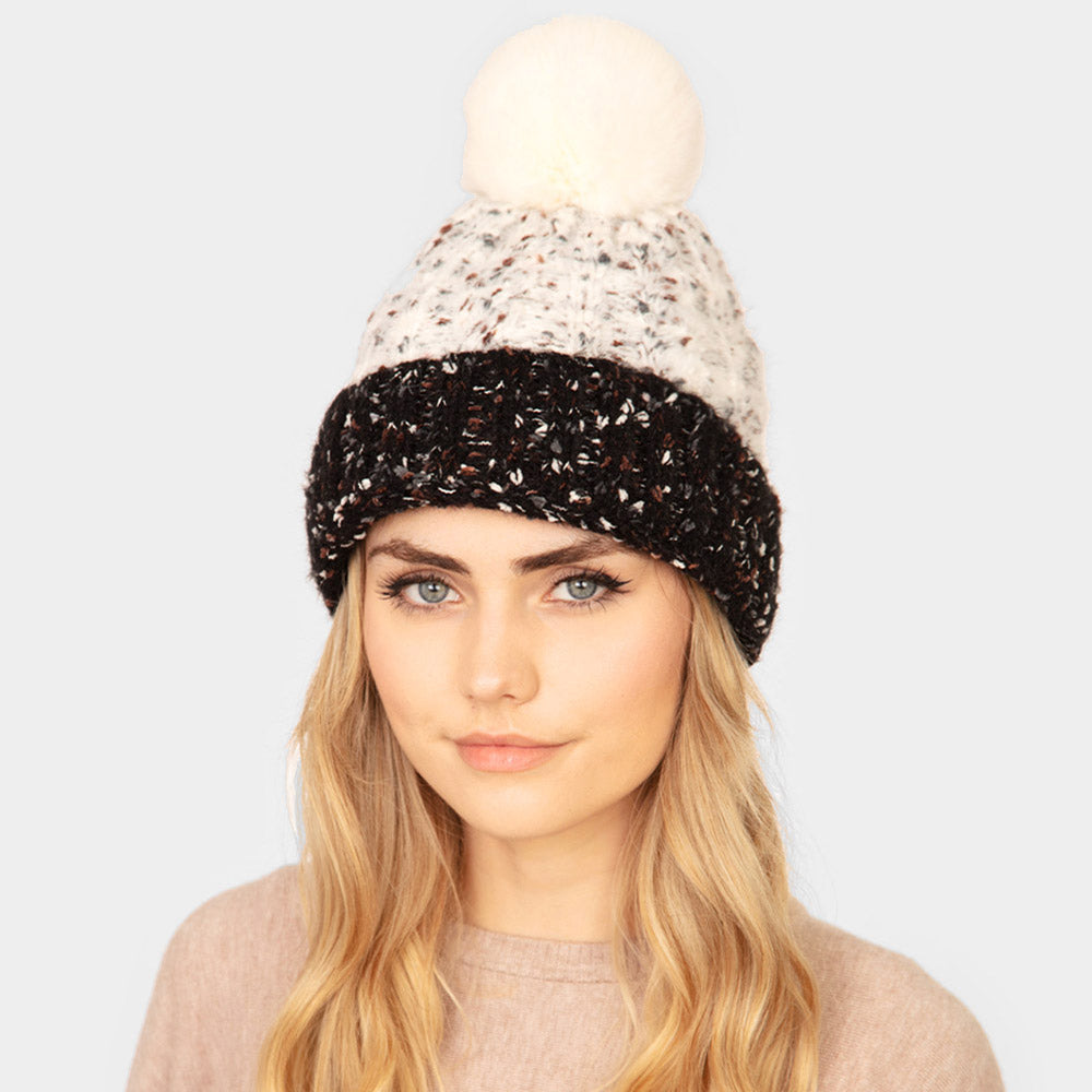 HATEGORY Two Tone Confetti Fleece Pom Pom Beanie Hat