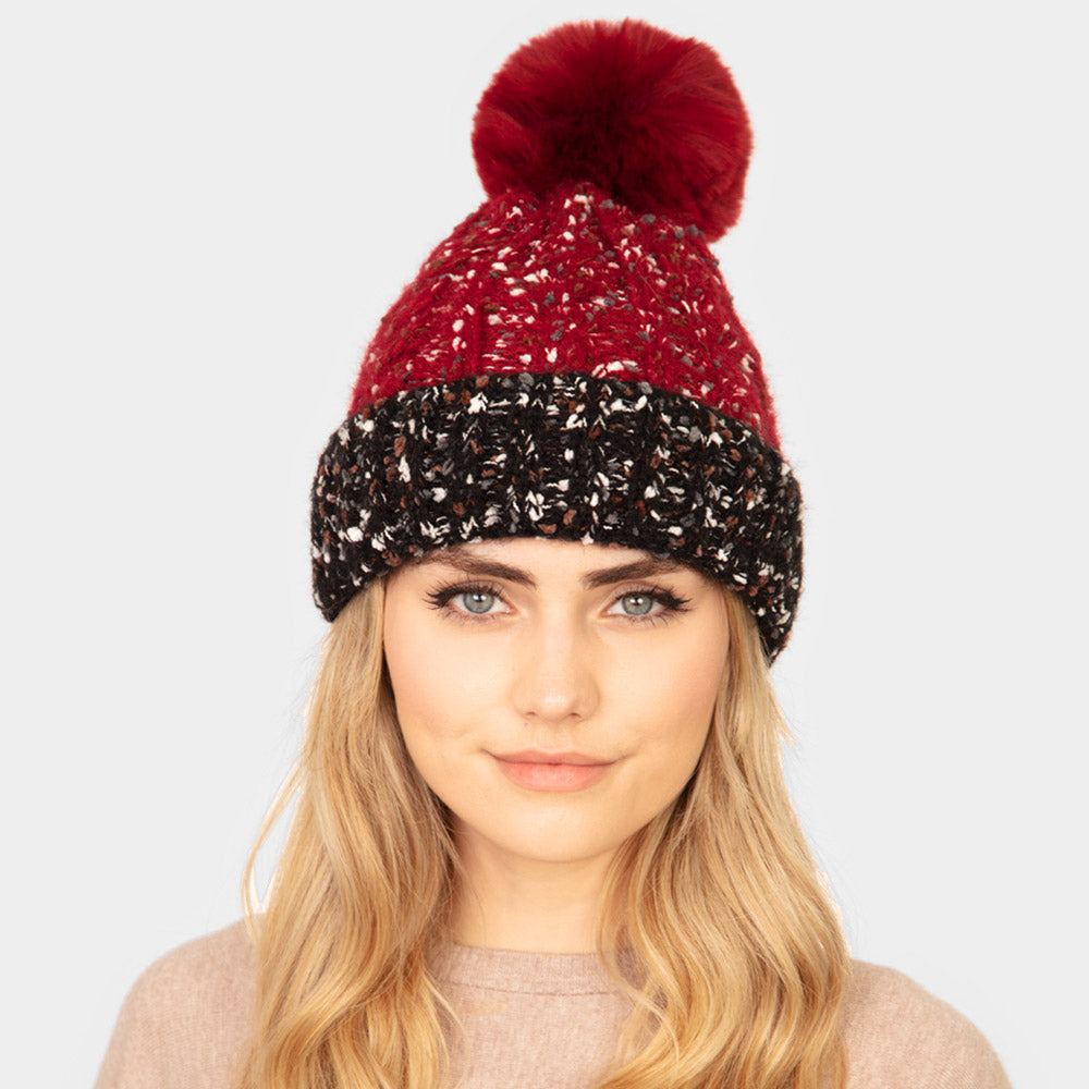 HATEGORY Two Tone Confetti Fleece Pom Pom Beanie Hat