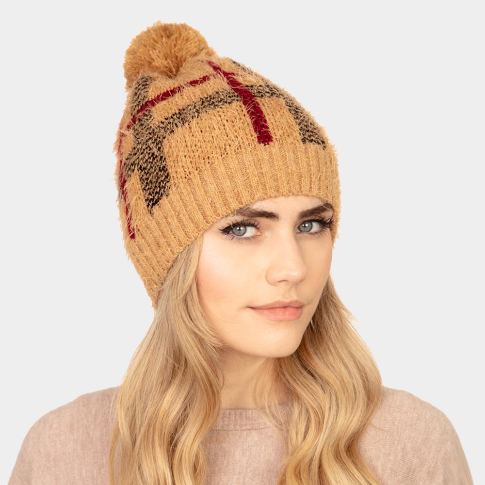 HATEGORY Plaid Check Patterned Pom Pom Beanie Hat