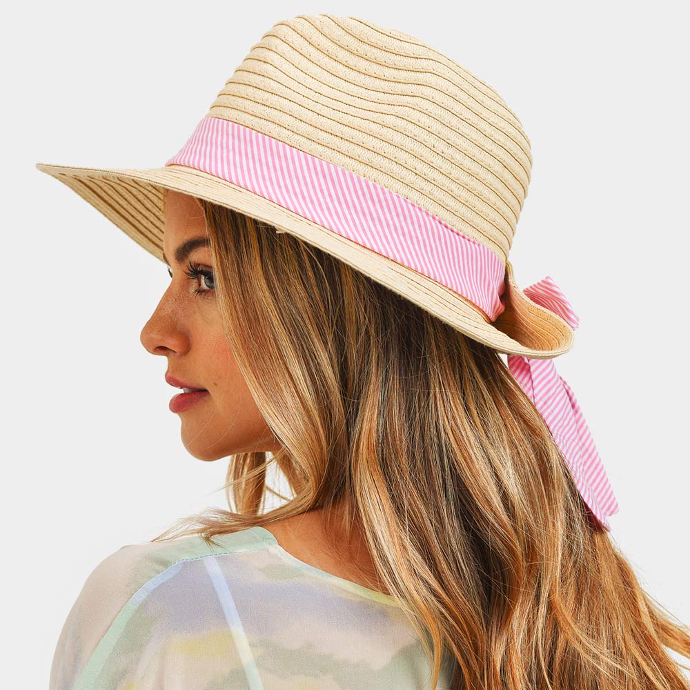 HATEGORY Striped Band Fold Straw Sun Hat