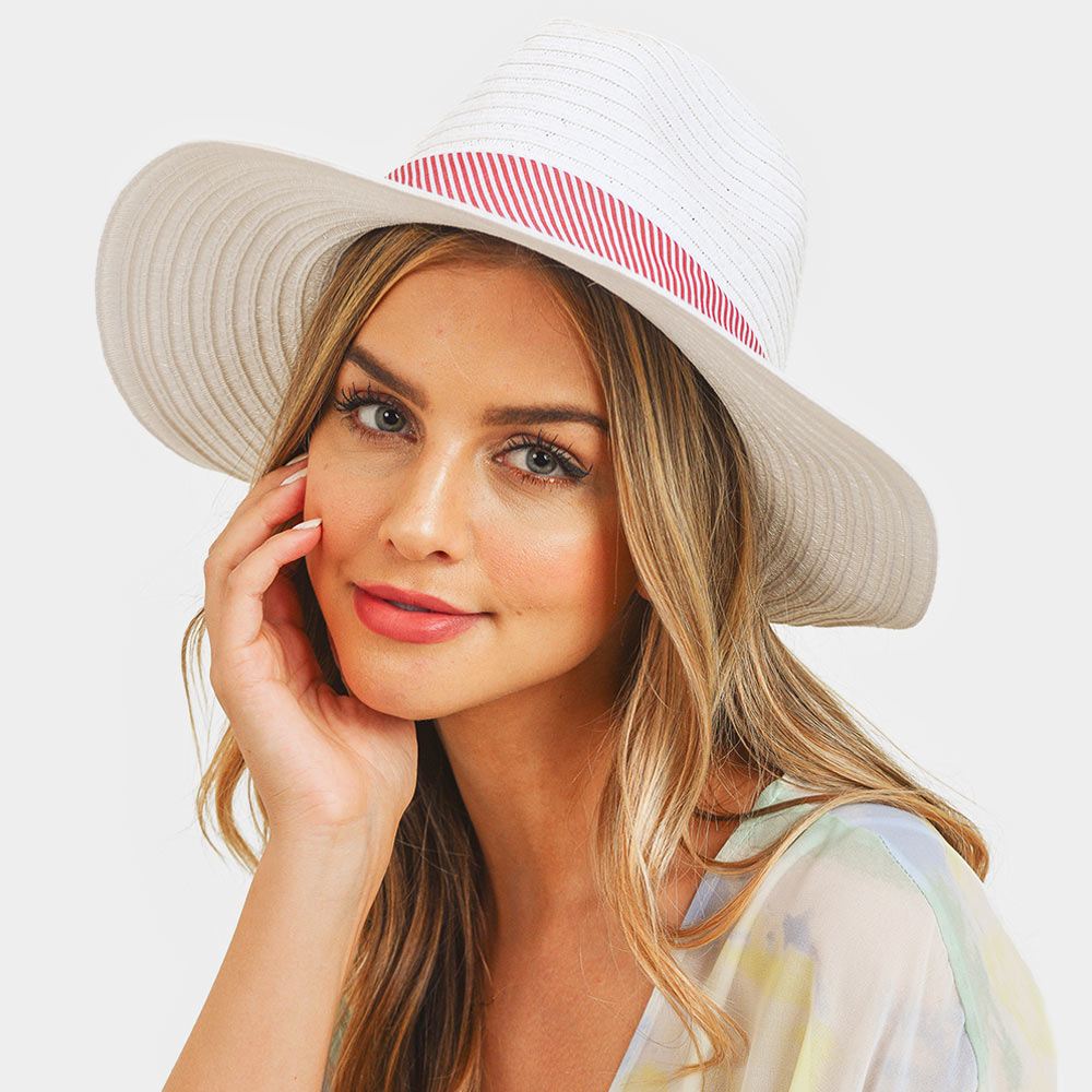 HATEGORY Striped Band Fold Straw Sun Hat