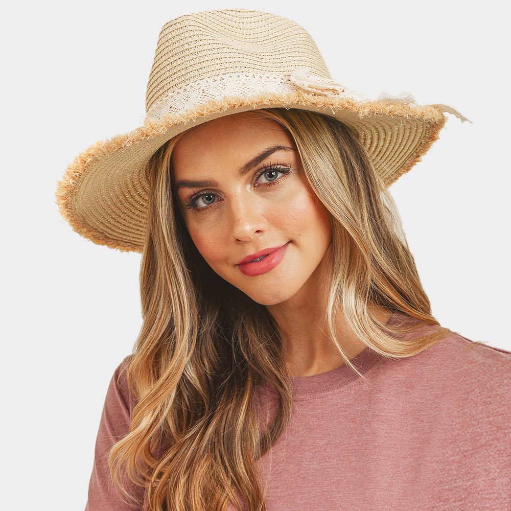 HATEGORY Frayed Trim Lace Bow Straw Hat