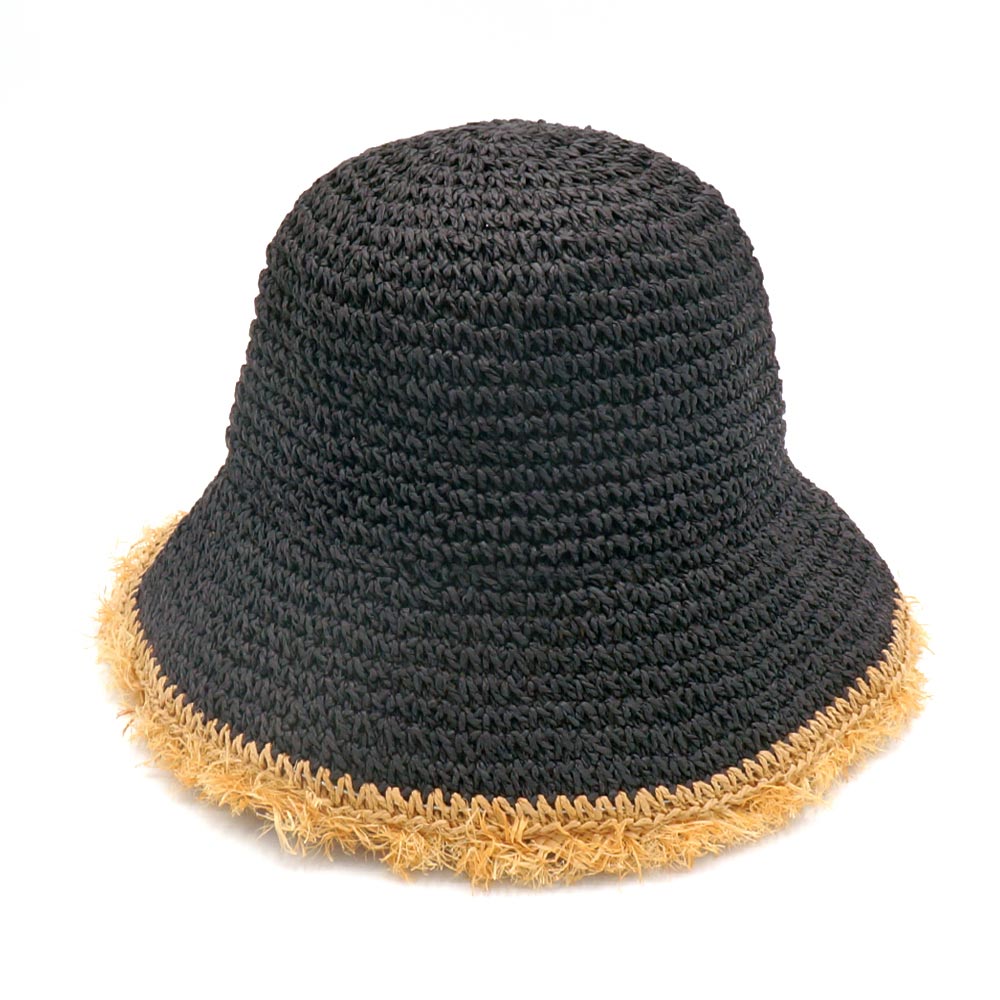 HATEGORY Handmade Frayed Crochet Foldable Straw Bucket Hat