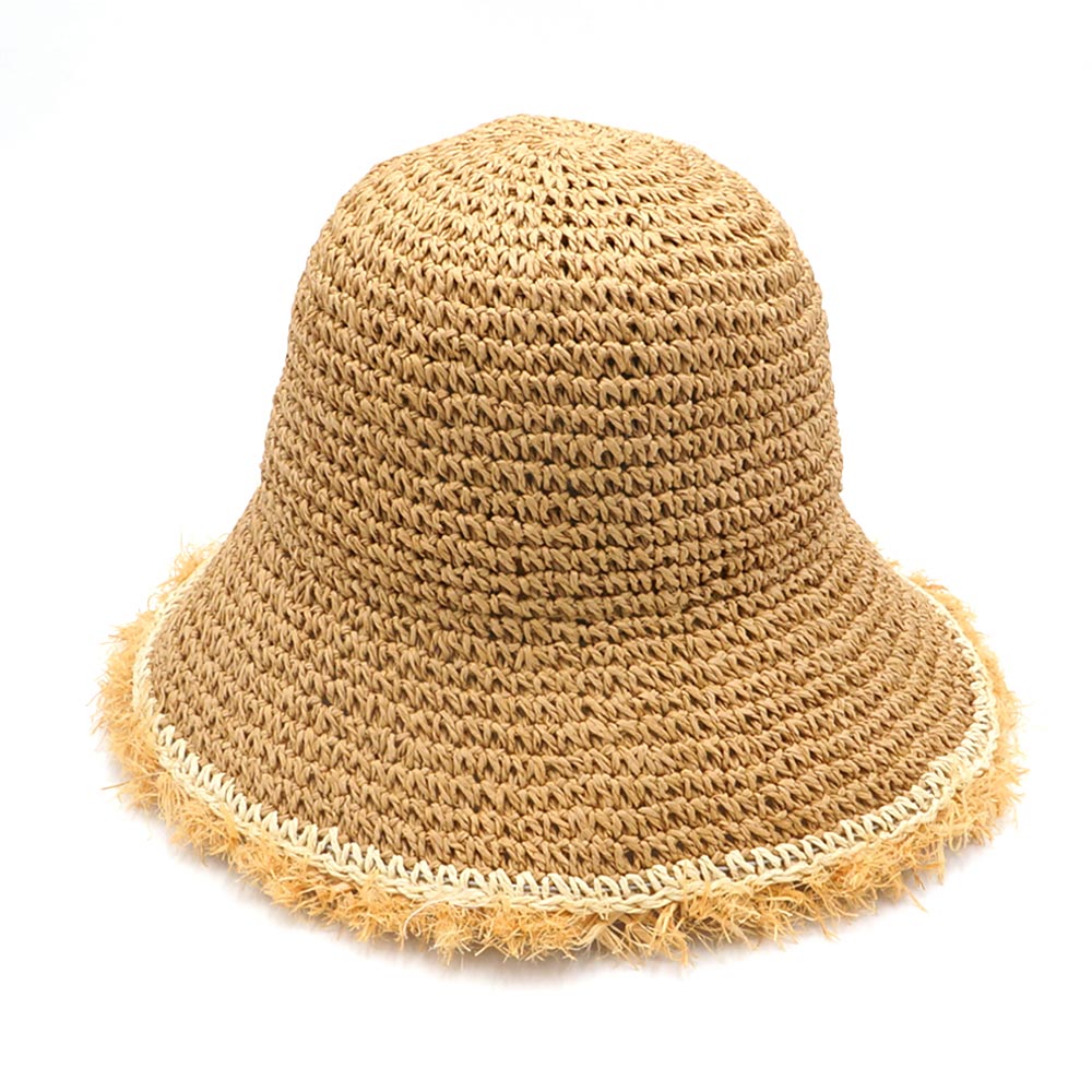 HATEGORY Handmade Frayed Crochet Foldable Straw Bucket Hat