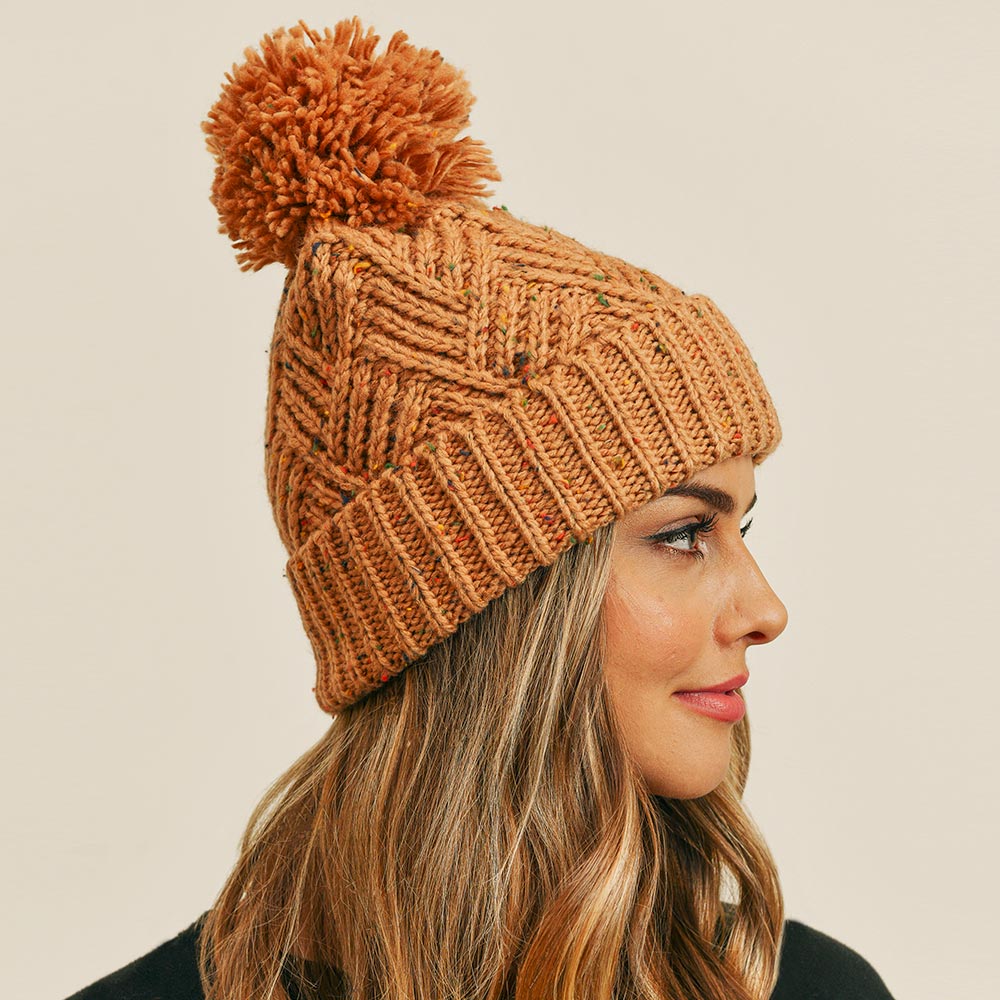 HATEGORY Confetti Diagonal Stripes Pompom Knit Beanie