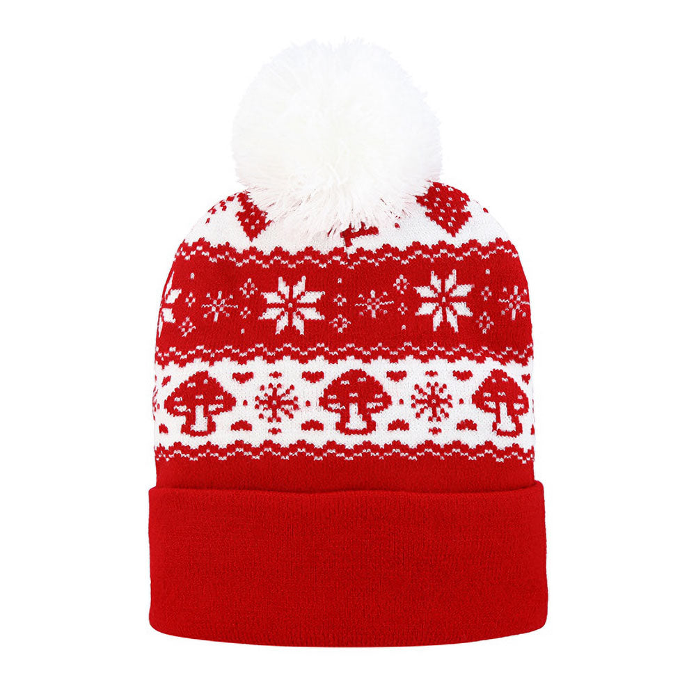 HATEGORY Snowflake Mushroom Pattern Pom Pom Winter Beanie Hat