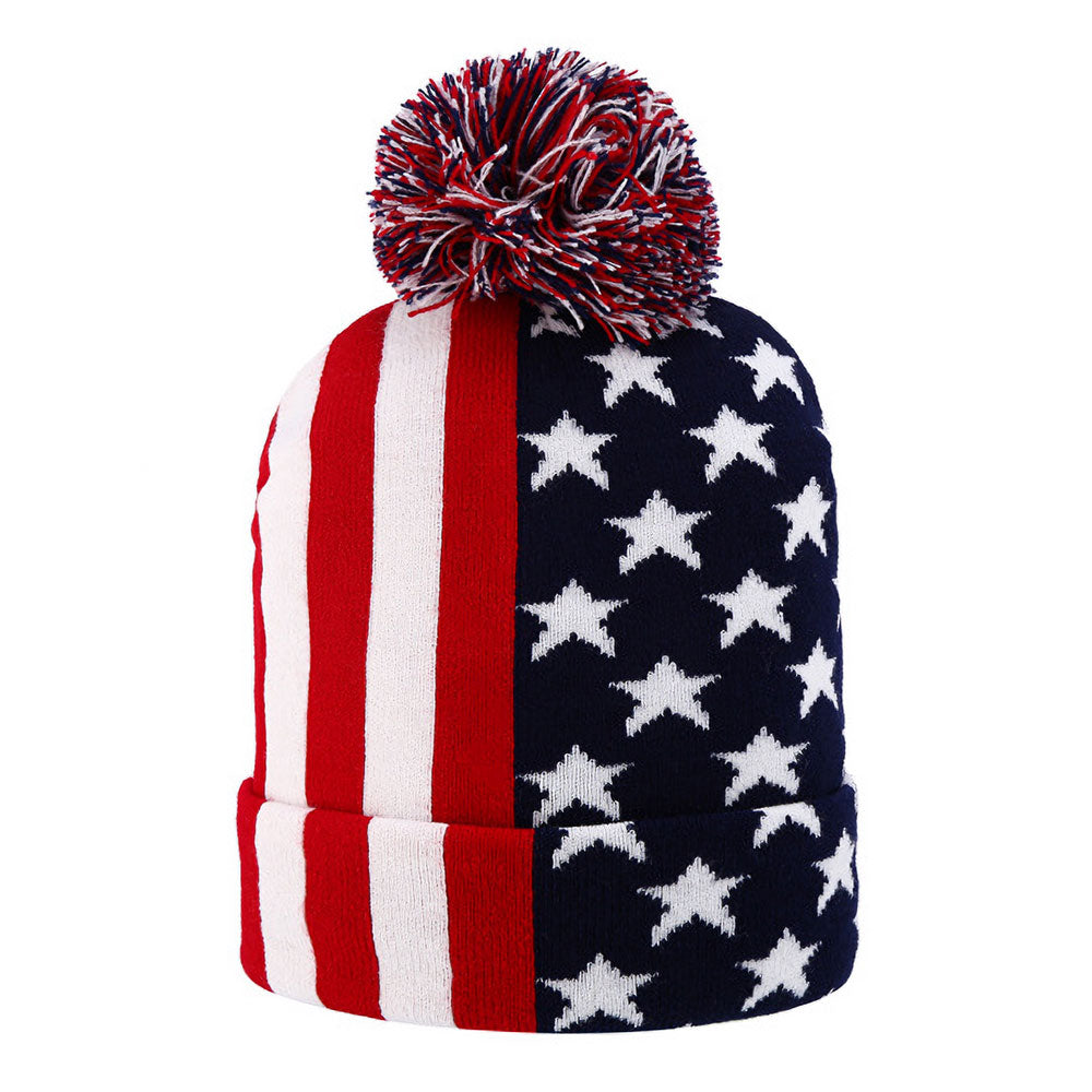 HATEGORY America USA Flag Pom Pom Winter Beanie Hat