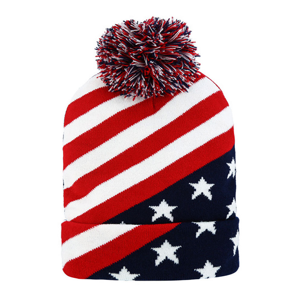 HATEGORY America USA Diagonal Flag Pom Pom Winter Beanie Hat