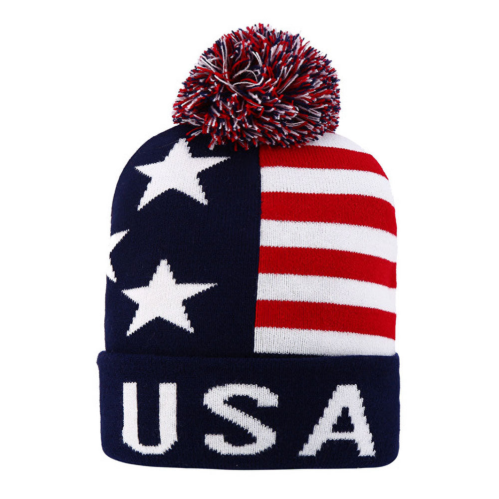 HATEGORY America USA Flag Pom Pom Winter Beanie Hat
