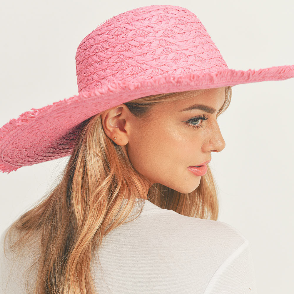 HATEGORY Trim Detailed Solid Straw Sun Hat
