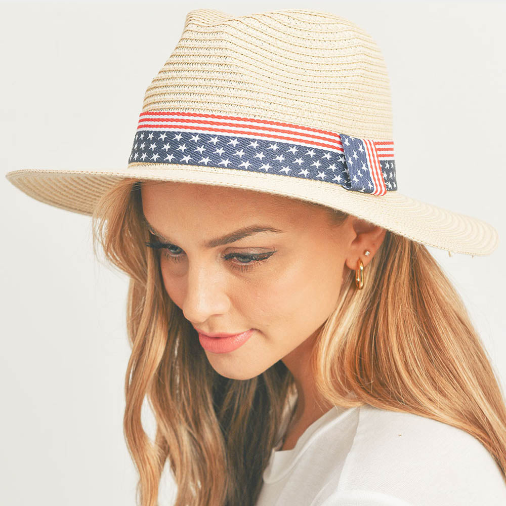 HATEGORY American USA Flag Band Panama Straw Sun Hat