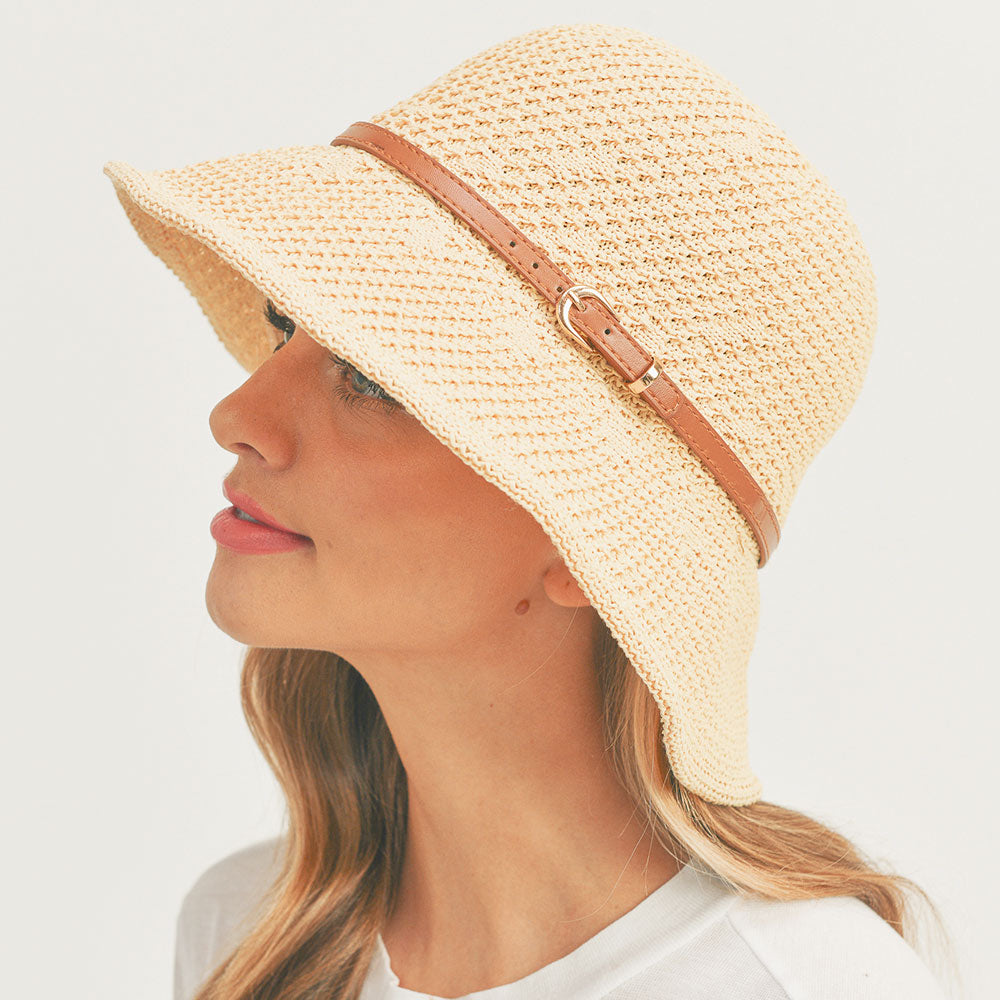 HATEGORY Faux Leather Band Sun Hat