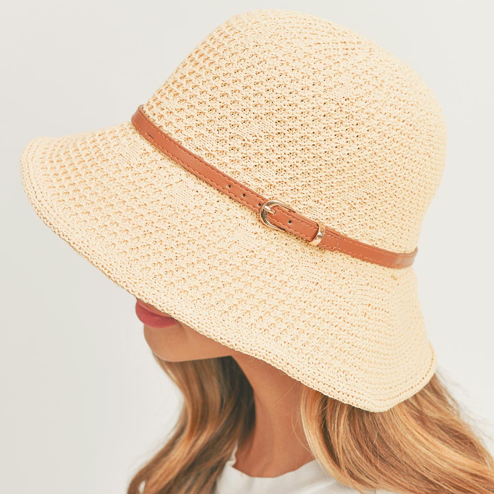 HATEGORY Faux Leather Band Sun Hat