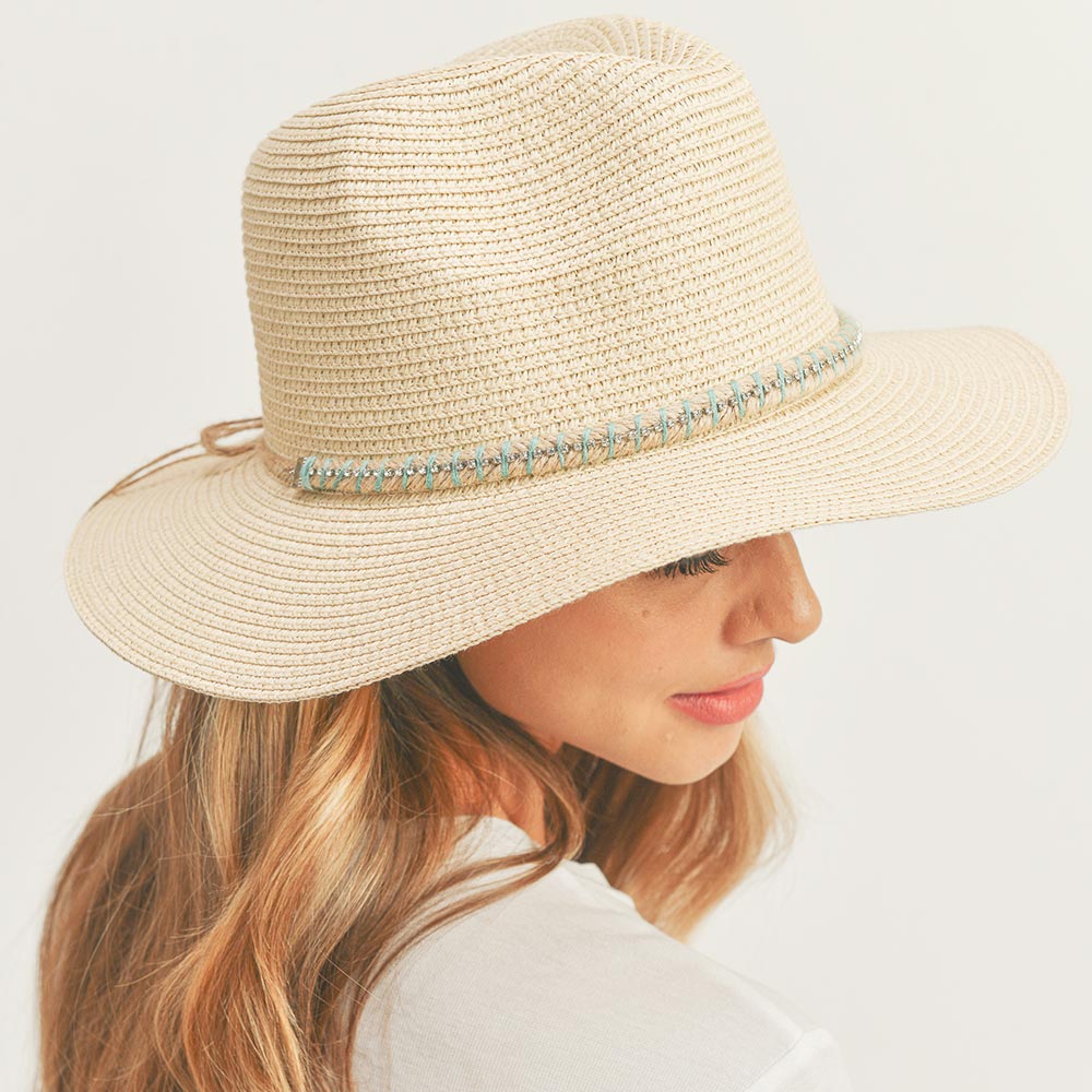 HATEGORY Rhinestone Embellished Band Panama Straw Sun Hat