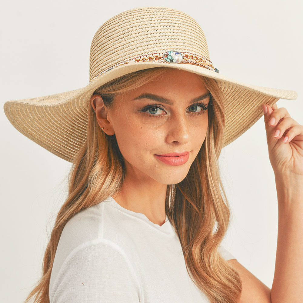 HATEGORY Multi Beaded Band Straw Floppy Sun Hat