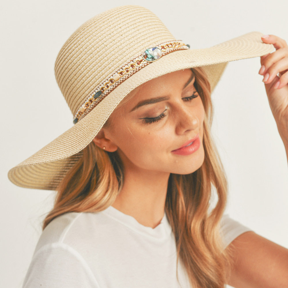 HATEGORY Multi Beaded Band Straw Floppy Sun Hat