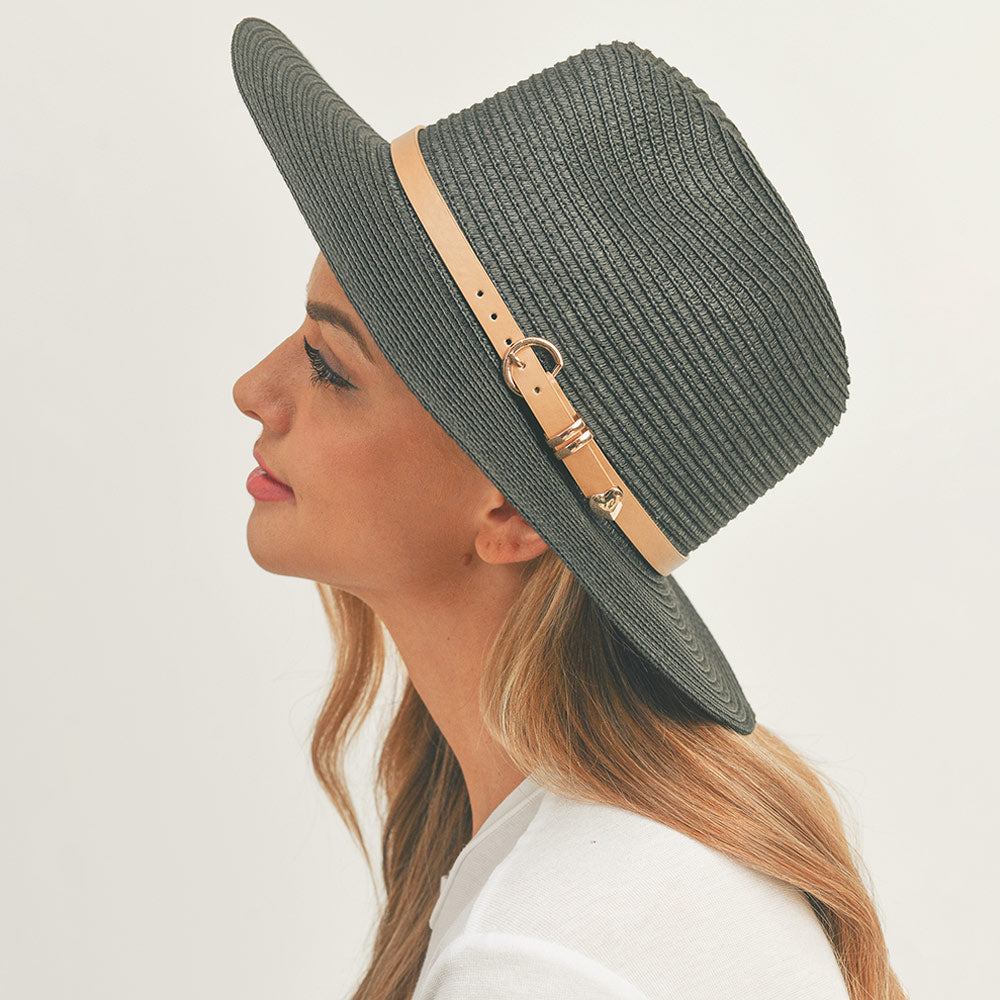 HATEGORY Faux Leather Band Straw Panama Sun Hat