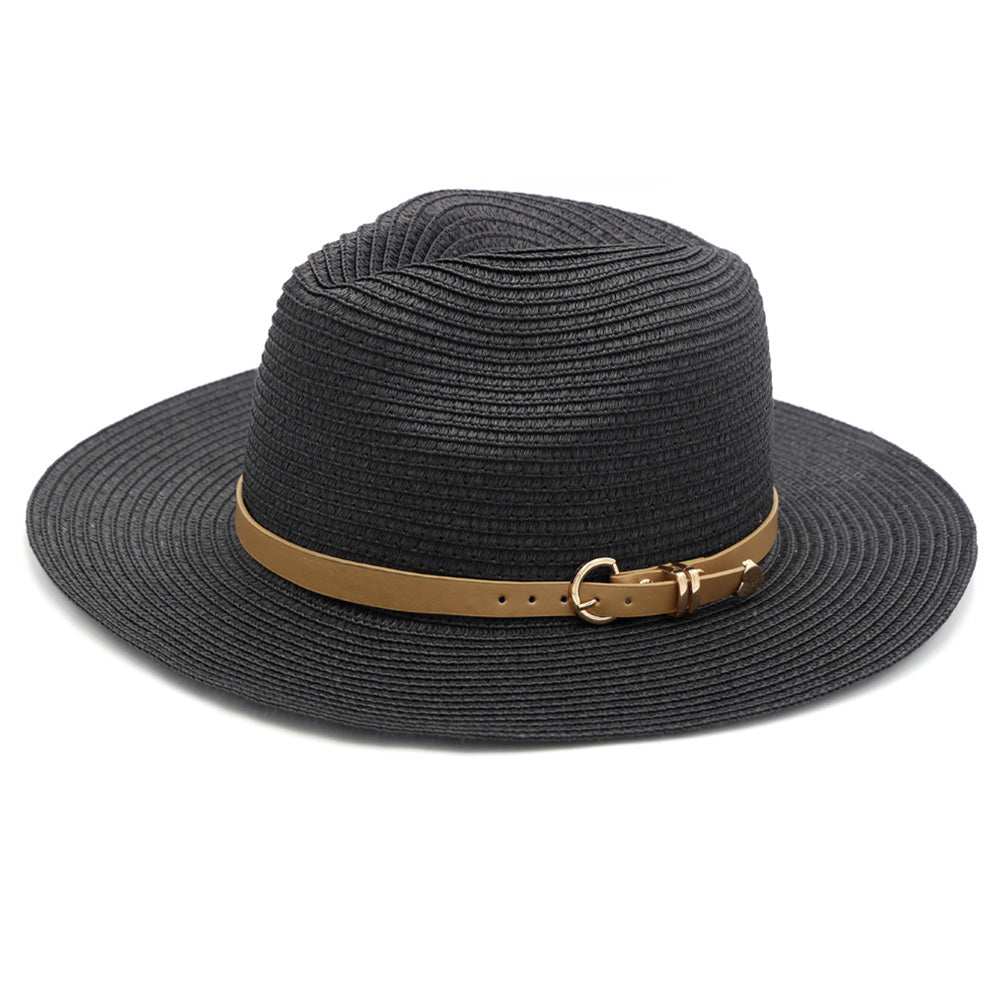 HATEGORY Faux Leather Band Straw Panama Sun Hat