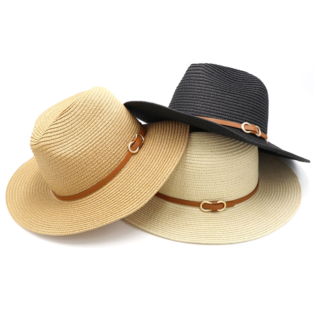 HATEGORY Faux Leather Band Straw Panama Sun Hat
