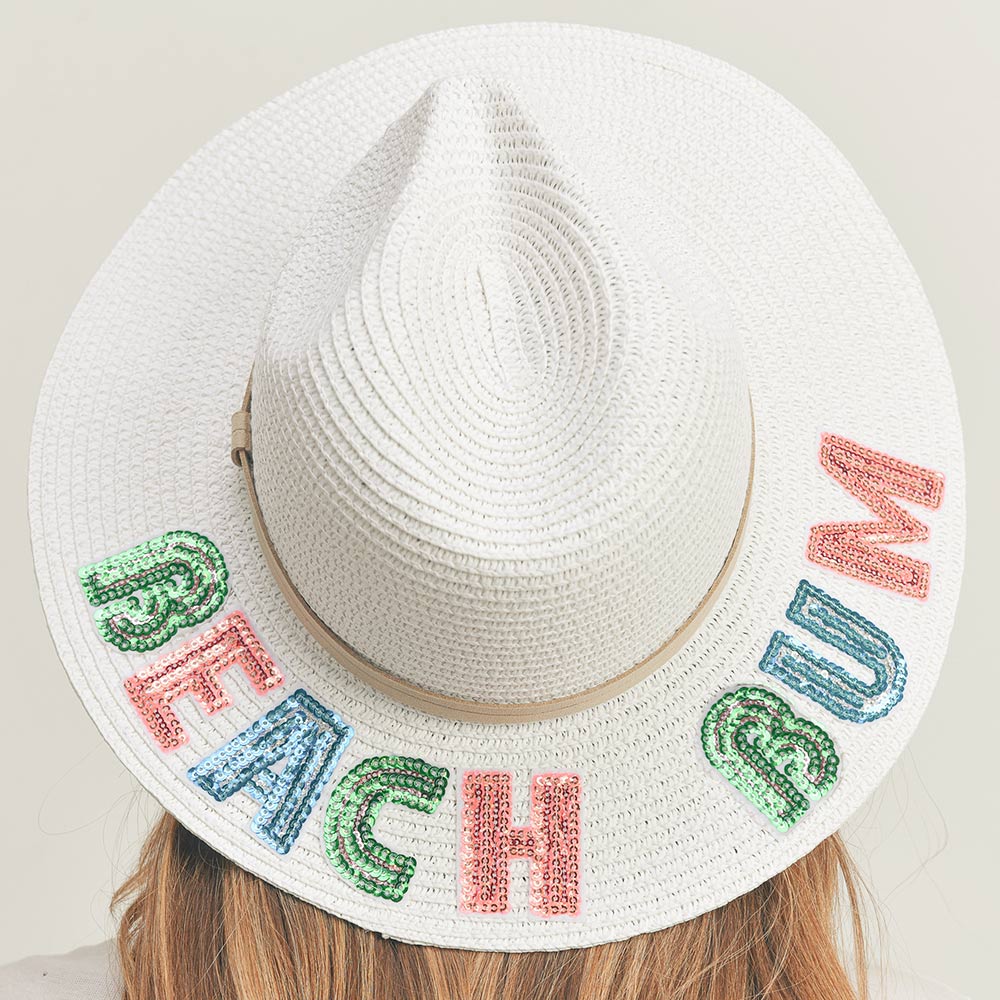 HATEGORY Beach Bum Sequin Message Straw Panama Sun Hat